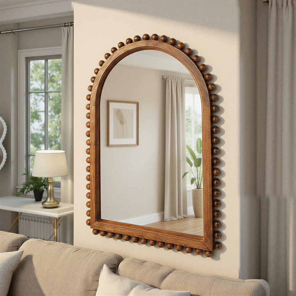 Creative Coop Willa Wood Ball Framed Arched Wall Mirror in Walnut, , large