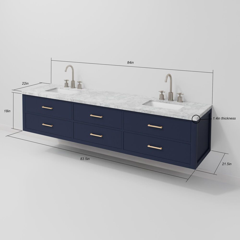 Lexora Home Castor 84" Double Bathroom Vanity in Blue with 2 cm White Carrara Marble Top and Rectangular Sinks, , large