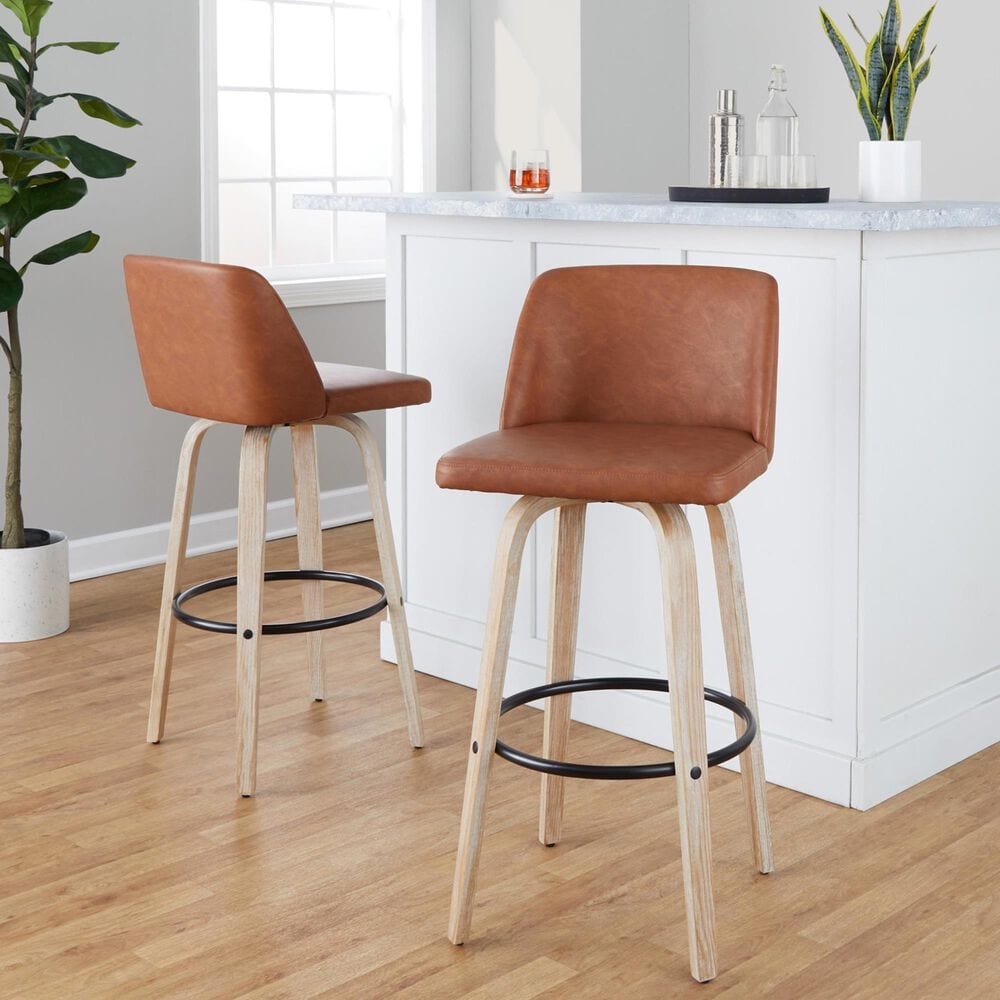 LumiSource Toriano Swivel Bar Stool with Camel Faux Leather Upholstery in Whitewashed and Black (Set of 2), , large