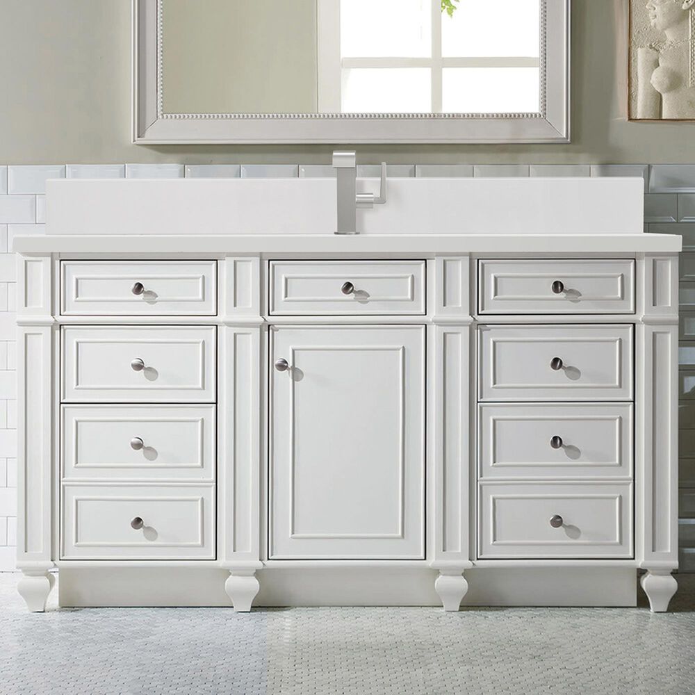 James Martin Vanities Bristol 60" Single Bathroom Vanity in Bright White with Single Hole 3 cm White Zeus Quartz Top and Rectangular Sink, , large