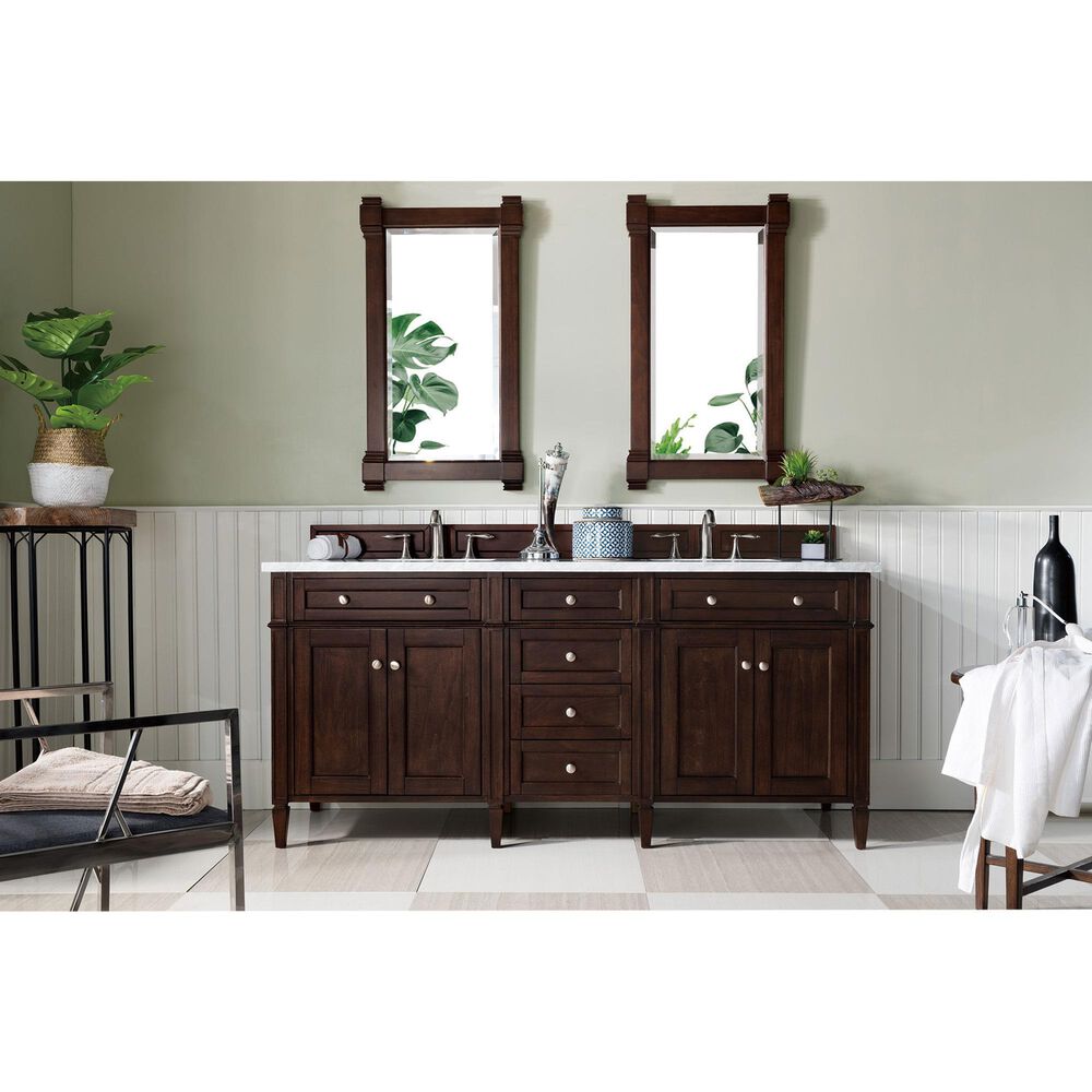James Martin Vanities Brittany 72&quot; Double Bathroom Vanity in Burnished Mahogany with 3 cm Carrara White Marble Top and Rectangle Sinks, , large