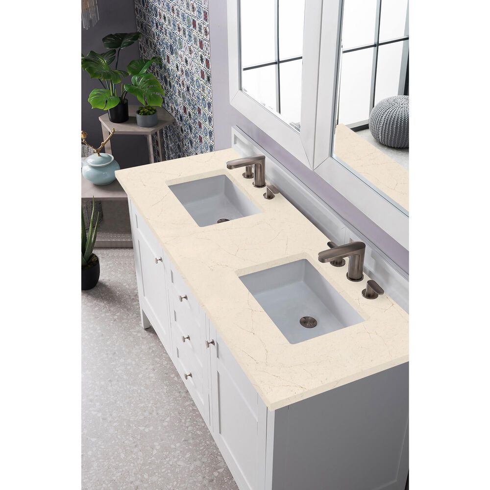 James Martin Vanities Palisades 60&quot; Double Bathroom Vanity in Bright White with 3 cm Eternal Marfil Quartz Top and Rectangular Sinks, , large