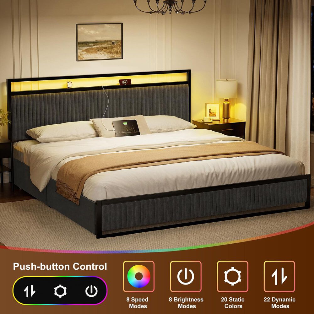 HOMLUX 2-Drawer King Storage Bed with LED Headboard and USB Ports in Gray, , large