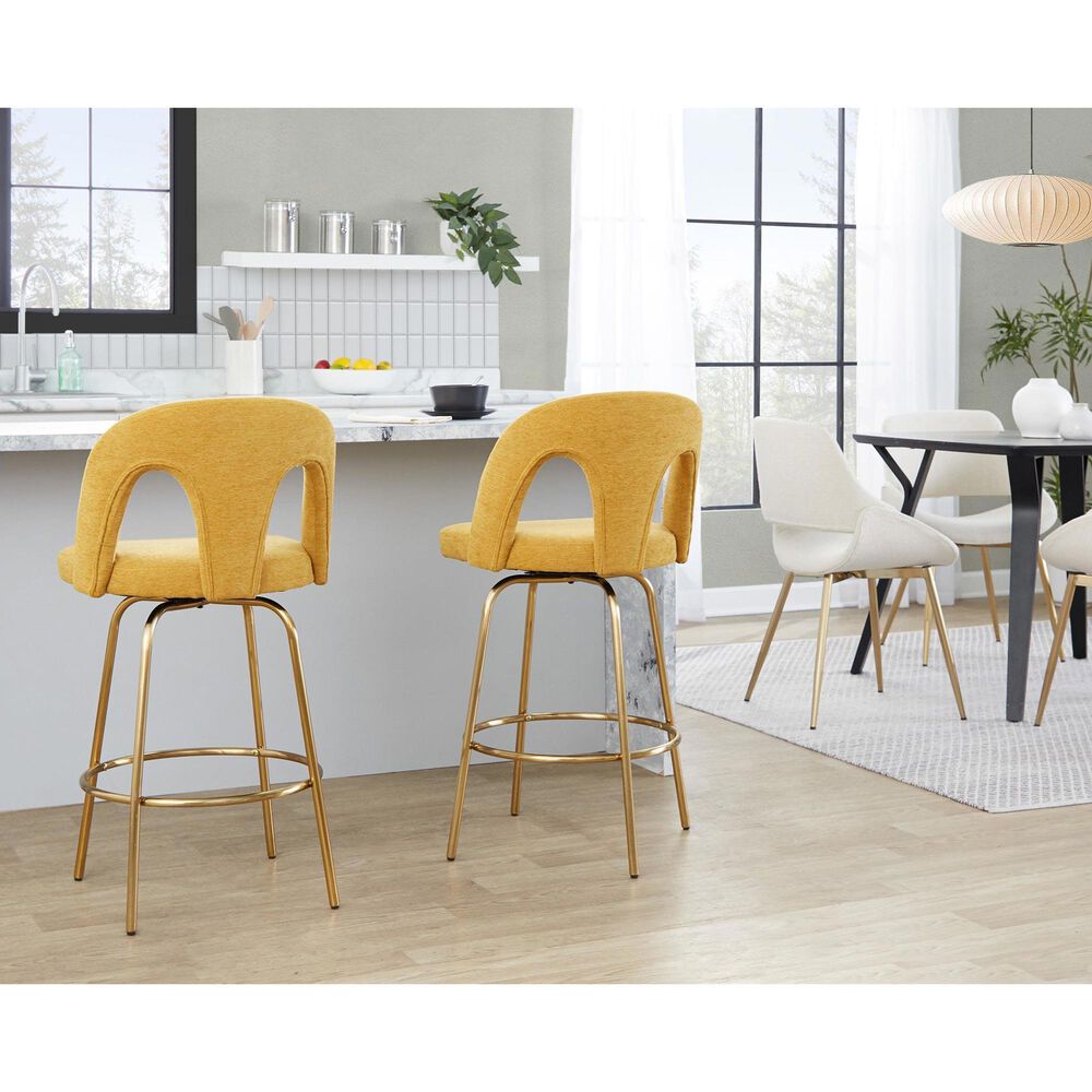 LumiSource Ava Swivel Counter Stool with Yellow Fabric Upholstery in Gold (Set of 2), , large