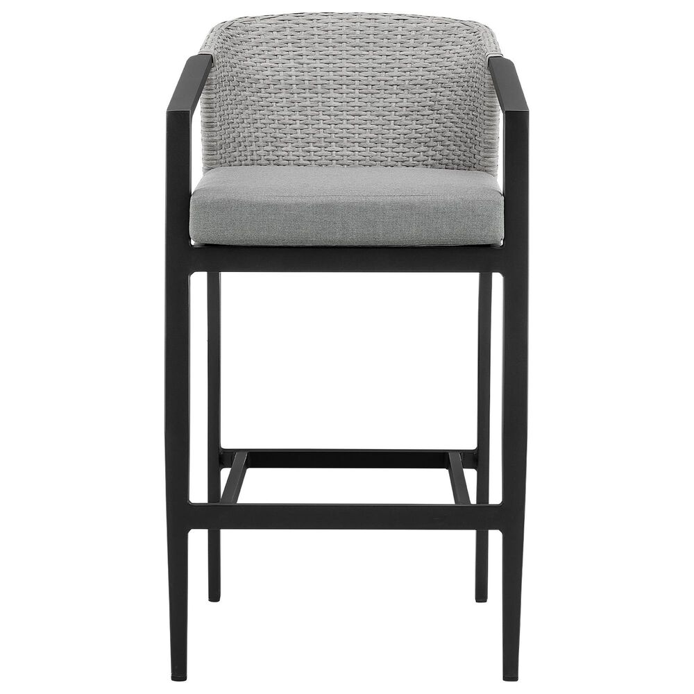 Armen Living Palma Patio Bar Stool with Dark Grey Cushion in Black, , large