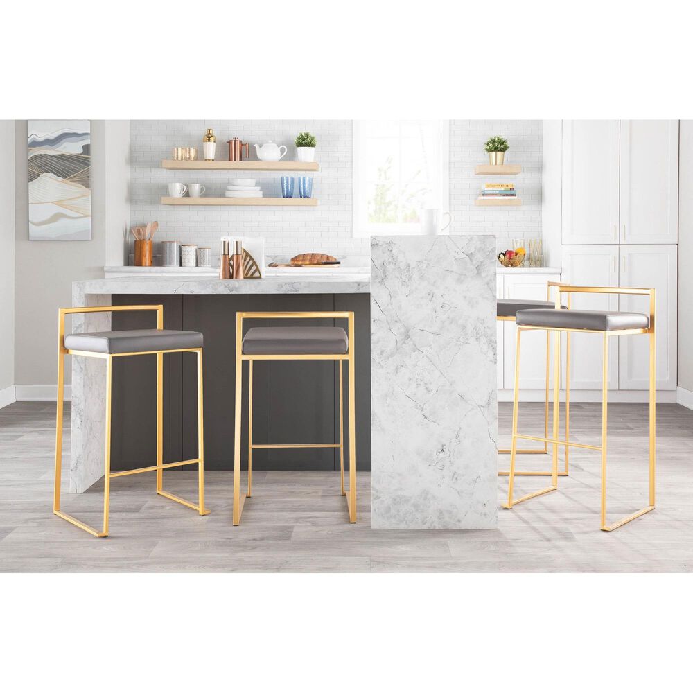 Lumisource Fuji Stackable Counter Stool with Grey Faux Leather Cushion in Gold &#40;Set of 2&#41;, , large
