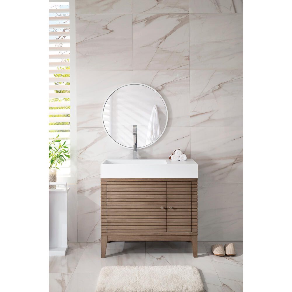 James Martin Vanities Linear 36&quot; Single Bathroom Vanity in Whitewashed Walnut with 13 cm Glossy White Solid Surface Top and Rectangular Sink, , large