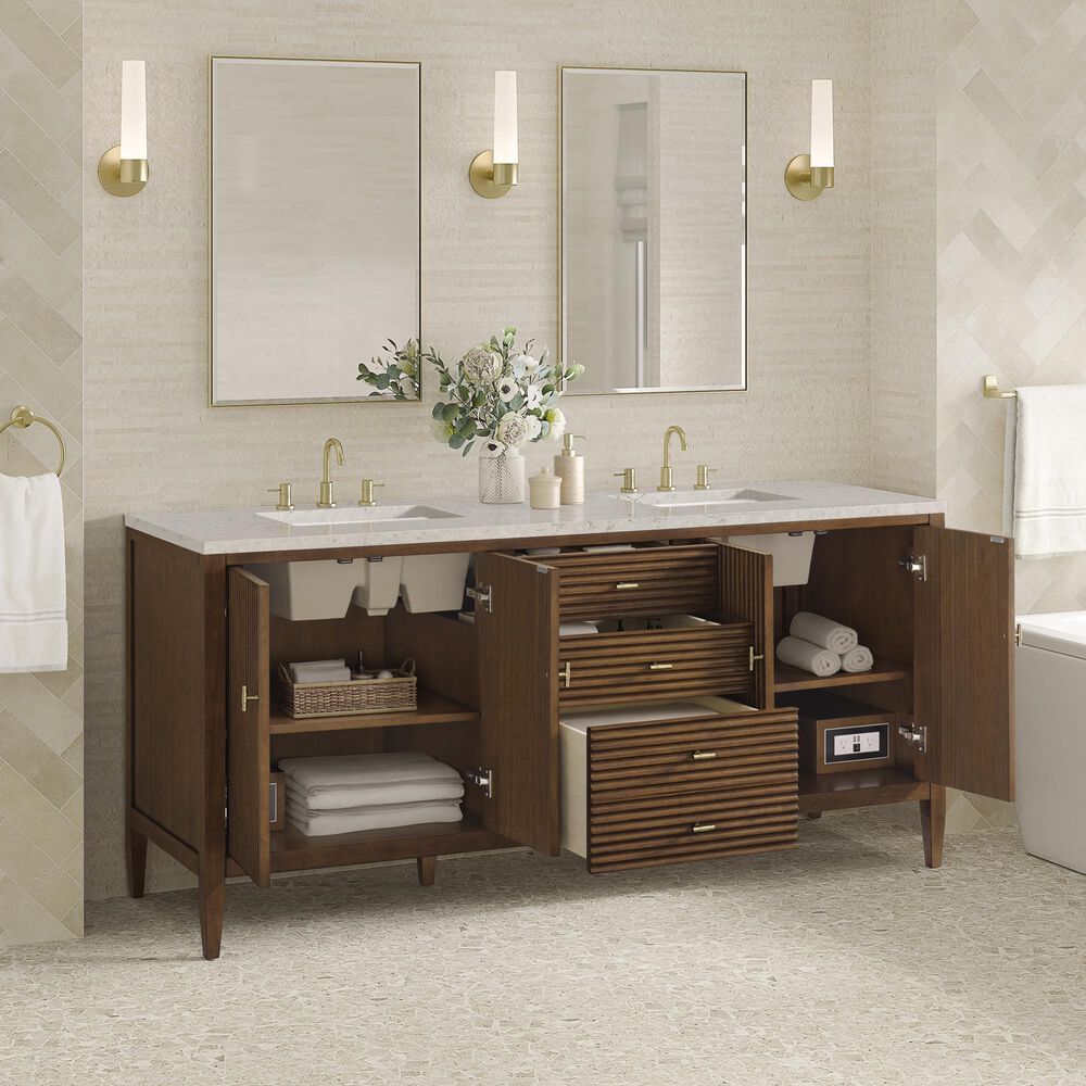James Martin Vanities Myrrin 72" Double Vanity in Mid-Century Walnut with 3 cm Eternal Jasmine Pearl Quartz Top, , large