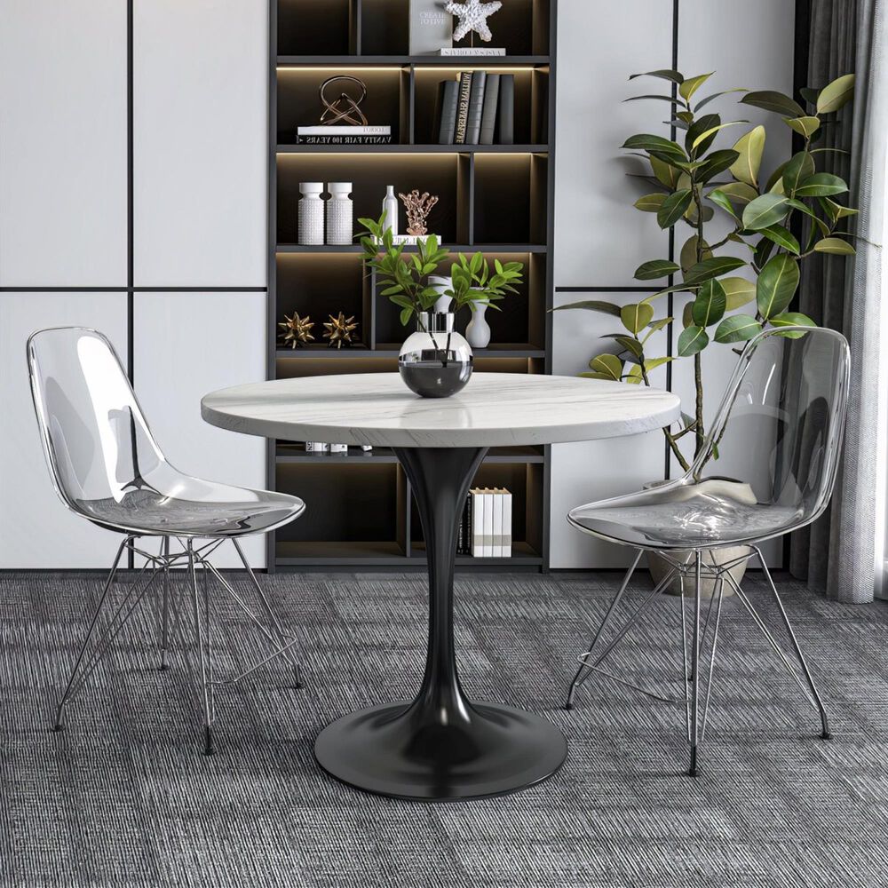 Leisuremod LeisureMod Verve Collection 36 Round Dining Table, Black Base with Laminated White Marbleized Top, , large