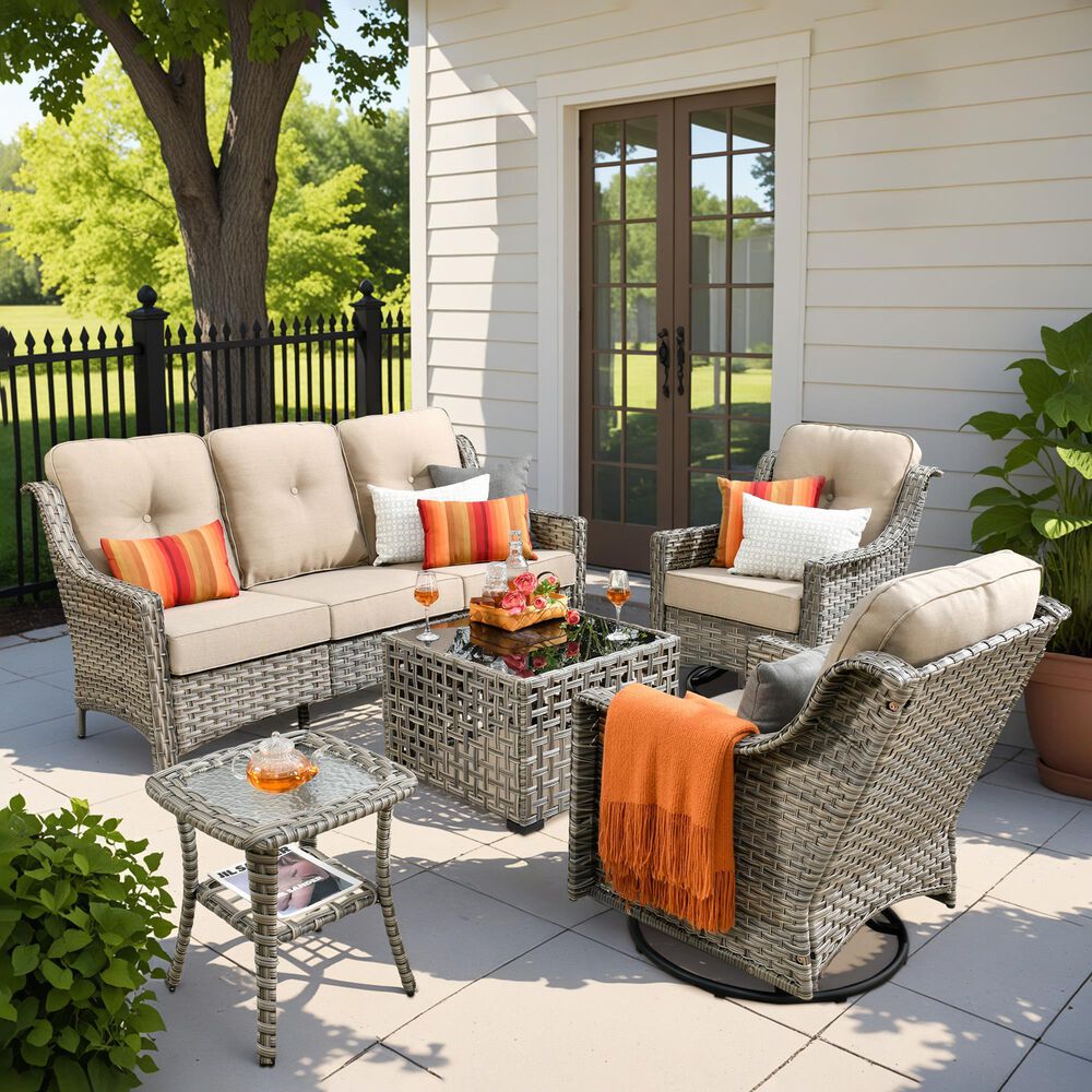 HOMLUX 5-Piece Outdoor Conversation Set with Solar Lighting Table in Beige, , large