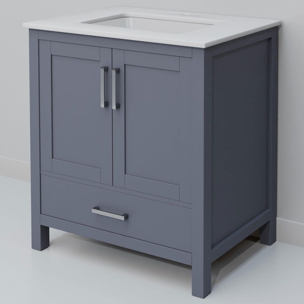 Lexora Home Jacques 30" Single Bathroom Vanity in Dark Grey with 2 cm White Quartz Top and Rectangular Sink, , large