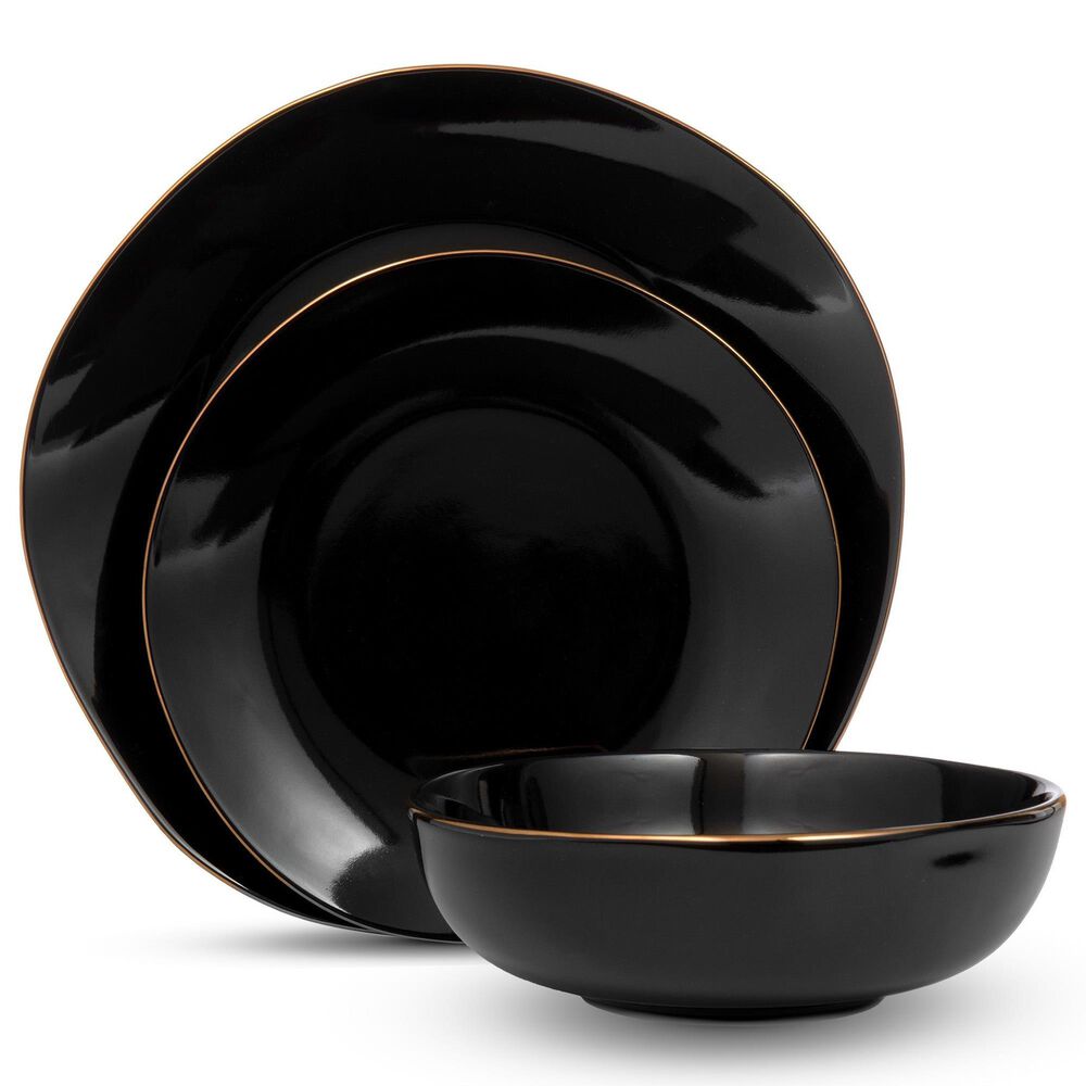 Godinger Silver Andover 12-Piece Dinnerware Set in Black and Gold Rim, , large