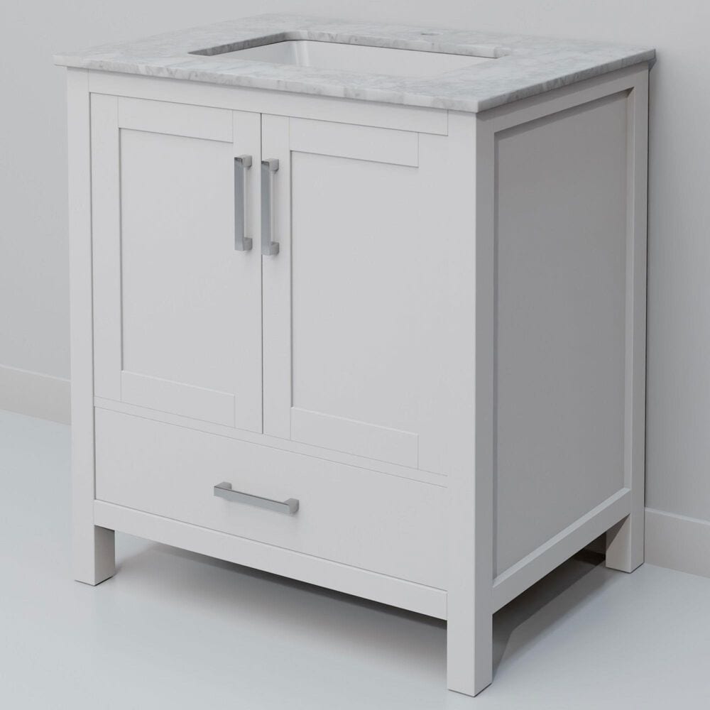 Lexora Home Jacques 30" Single Bathroom Vanity in White with 2 cm White Carrara Marble Top and Rectangular Sink, , large