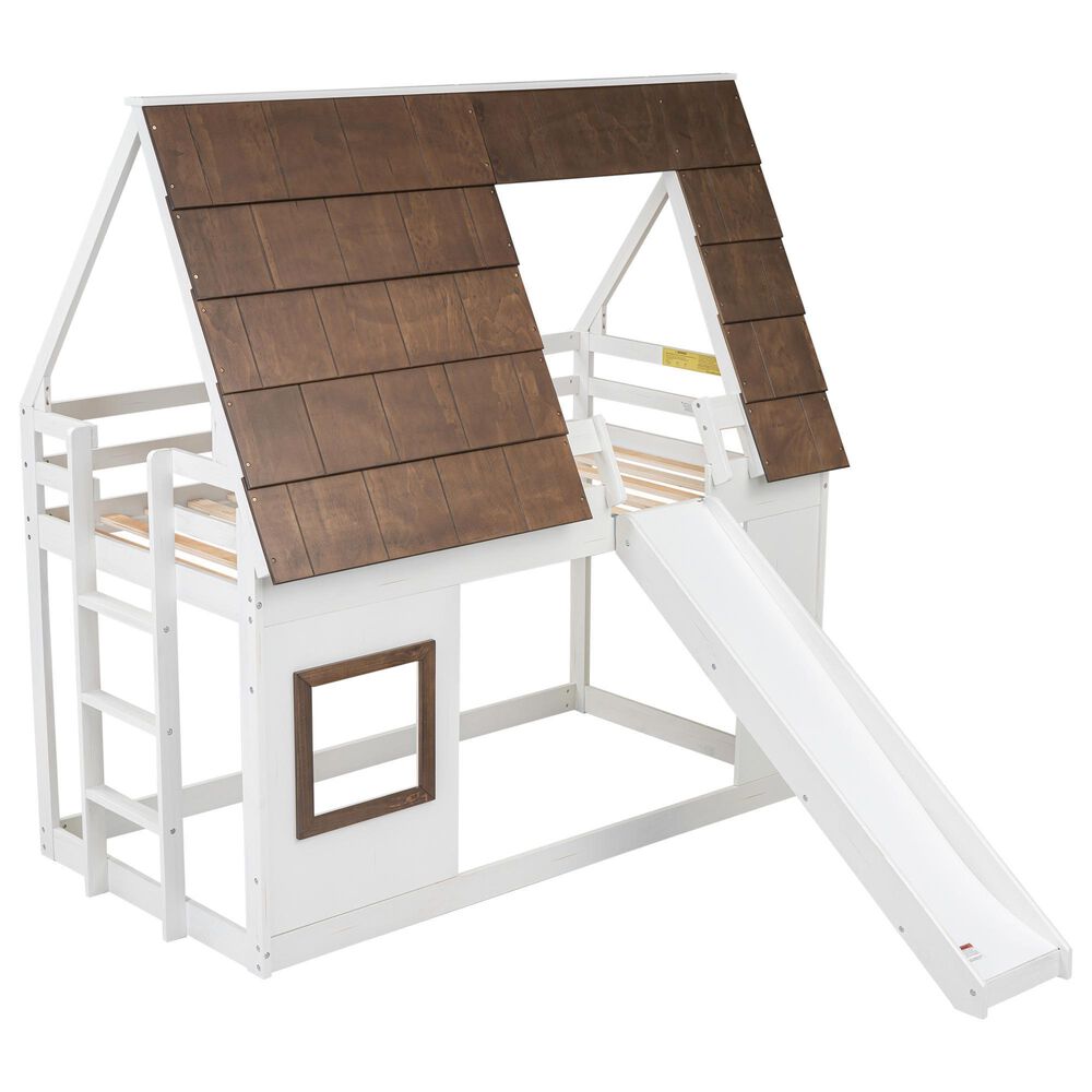 Hearth and Haven Twin over Twin House Bunk Bed with Roof in White and Brown, , large