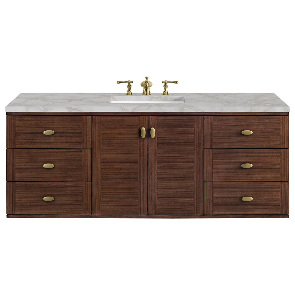 James Martin Vanities Amberly 60" Single Bathroom Vanity in Mid-Century Walnut with 3 cm Eternal Jasmine Pearl Silestone Top, Rectangular Sink and FreePower Wireless Charger, , large