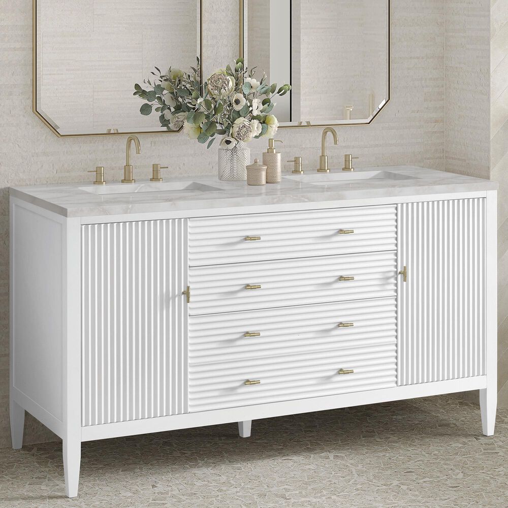 James Martin Vanities Myrrin 60" Double Bathroom Vanity in Bright White with 3 cm Eternal Jasmine Pearl Silestone Top, Rectangular Sinks and FreePower Wireless Charger, , large