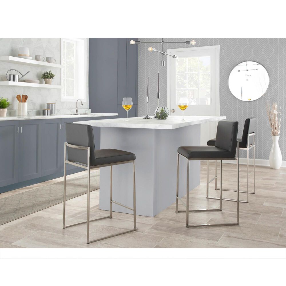 Lumisource Fuji Stackable Counter Stool with Grey Faux Leather Cushion in Brushed Stainless Steel &#40;Set of 2&#41;, , large