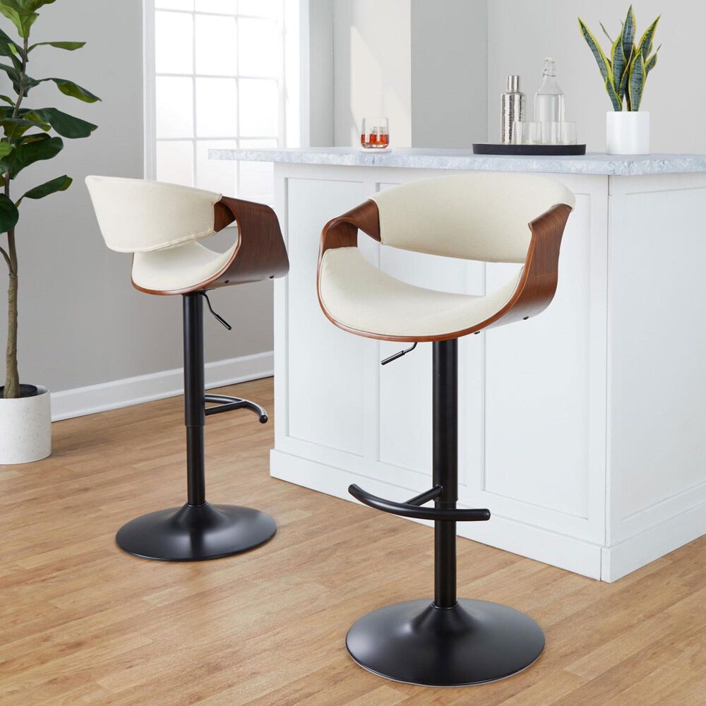LumiSource Curvo Swivel Adjustable Barstool with Cream Upholstery in Black and Walnut (Set of 2), , large