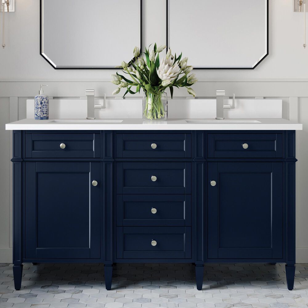 James Martin Vanities Brittany 60&quot; Double Bathroom Vanity in Victory Blue with Single Hole 3 cm White Zeus Quartz Top and Rectangular Sinks, , large
