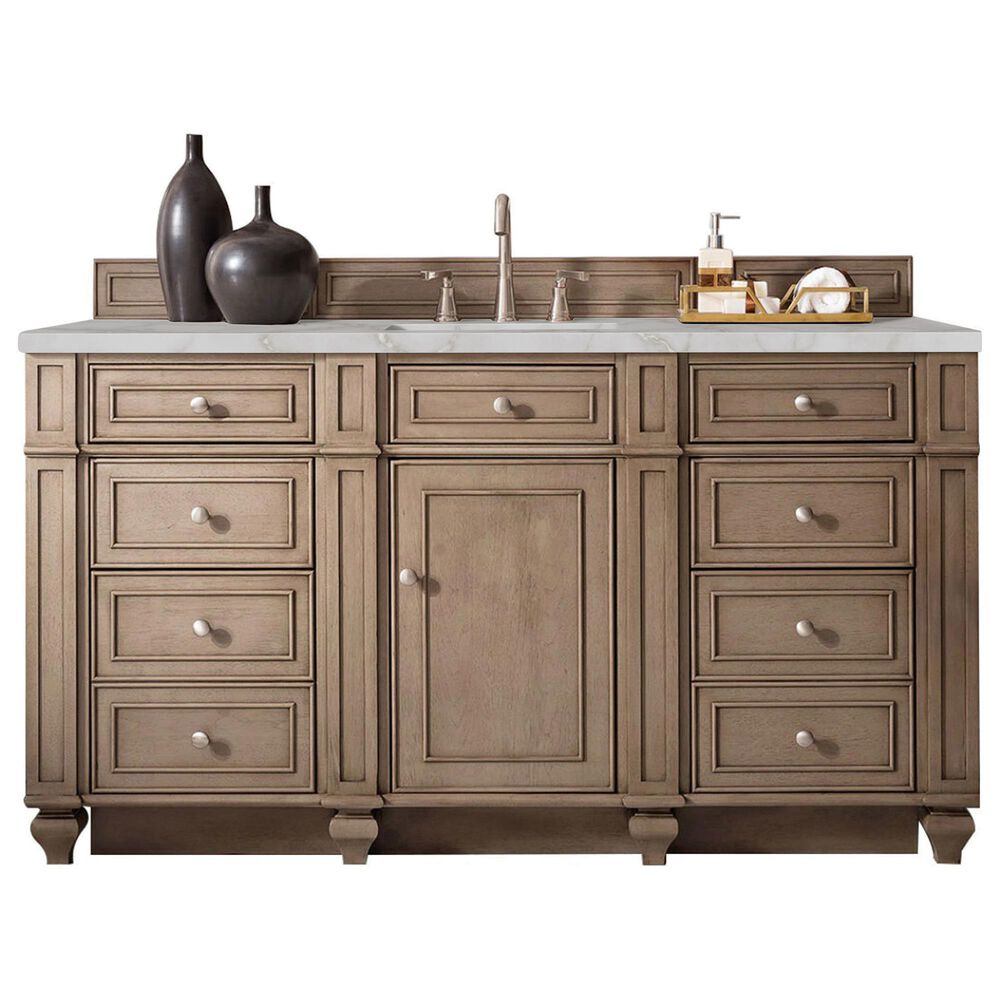 James Martin Vanities Bristol 60" Single Bathroom Vanity in Whitewashed Walnut with 3 cm Victorian Silver Quartz Top and Rectangular Sink, , large