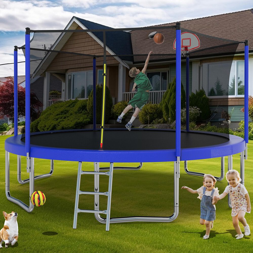 HOMLUX 14' Outdoor Trampoline Sports with Basketball Hoop in Blue, , large