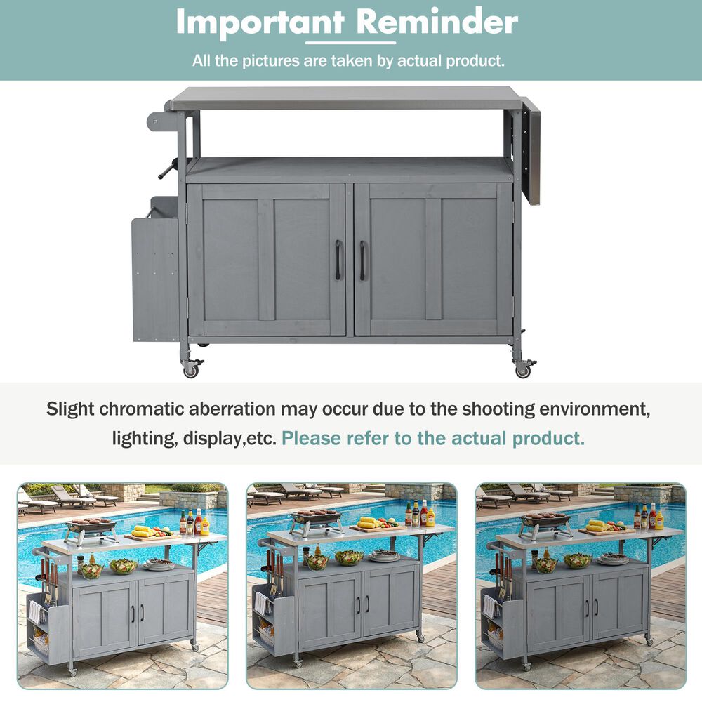 Hearth and Haven Outdoor Kitchen Island Cart with Adjustable Shelves and Stainless Steel Top in Gray, , large