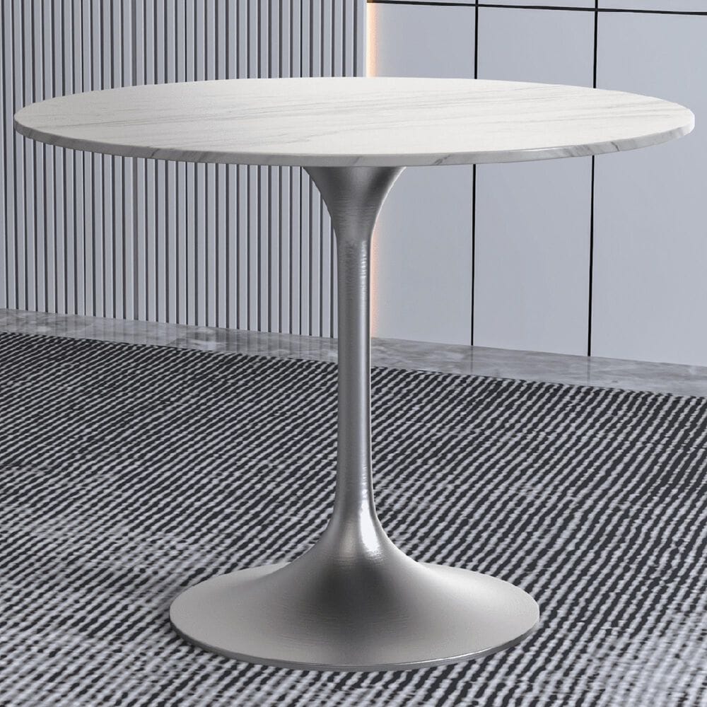 Leisuremod LeisureMod Verve Collection 36 Round Dining Table, Brushed Chrome Base with Sintered Stone White Top, , large