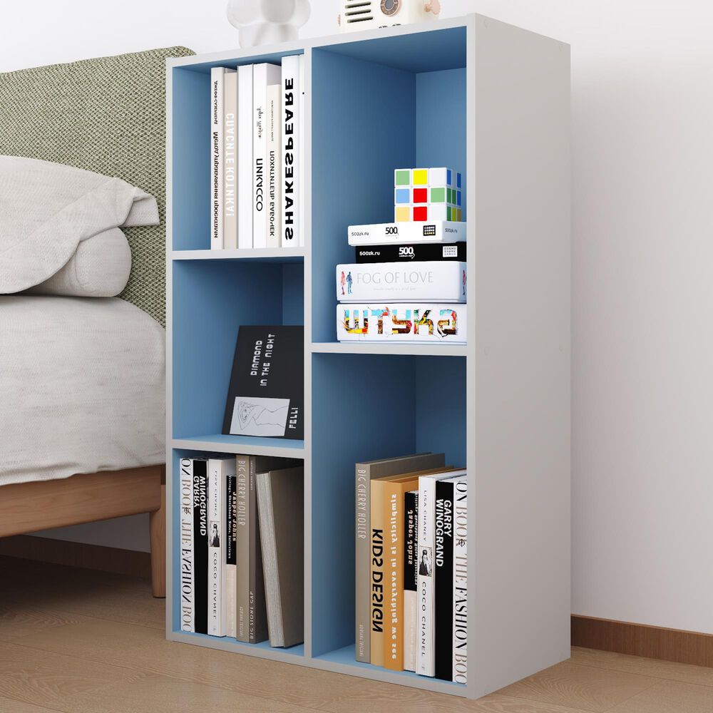 HOMLUX 5-Cube Reversible Storage Bookshelf in White and Light Blue, , large