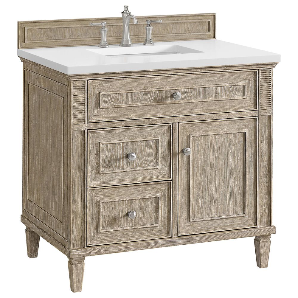 James Martin Vanities Lorelai 36" Single Vanity in Whitewashed Oak with 3 cm White Zeus Quartz Top, , large
