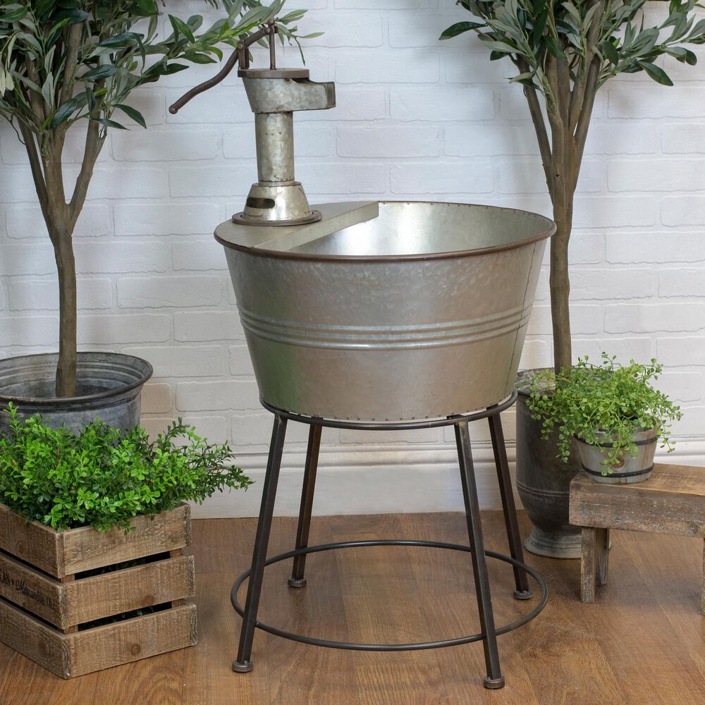 VIP Home and Garden Metal Galvanized Tub Garden Planter in Grey and Black, , large