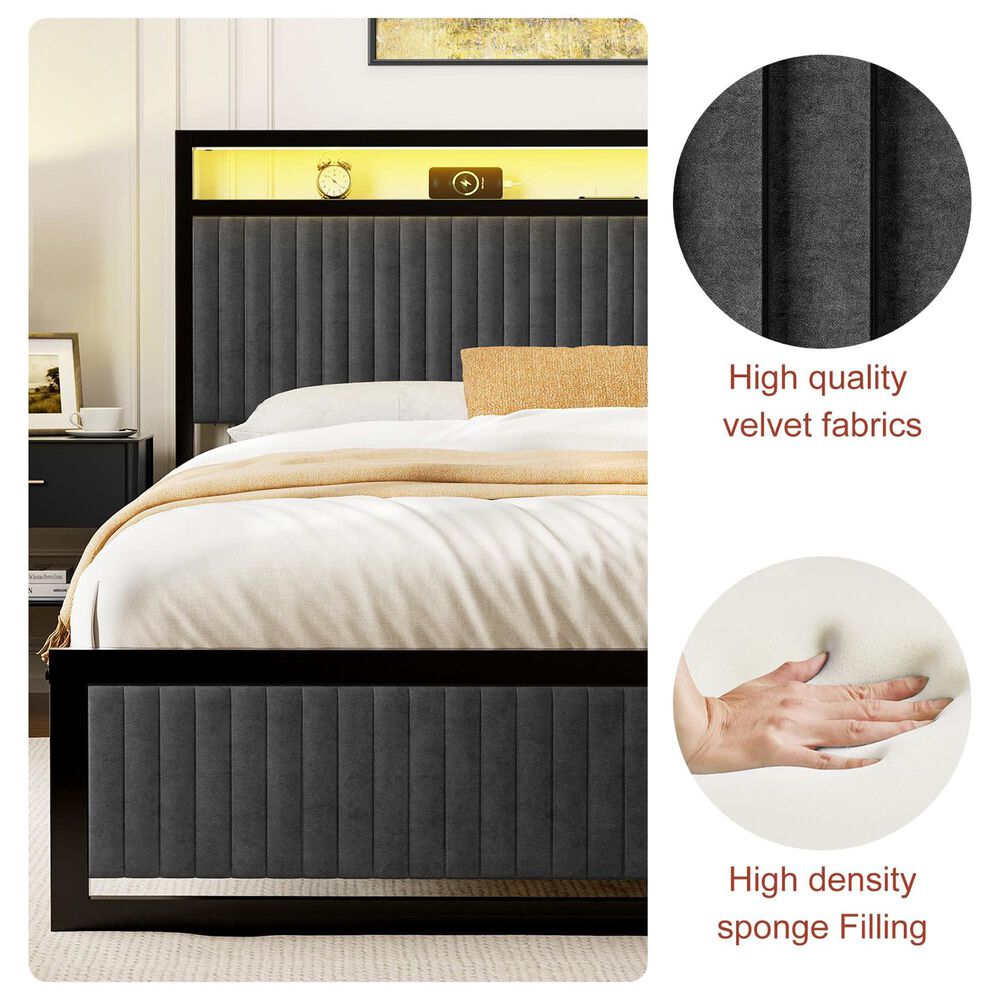 HOMLUX King 2-Drawer Storage Bed with LED Headboard and USB Ports in Gray, , large