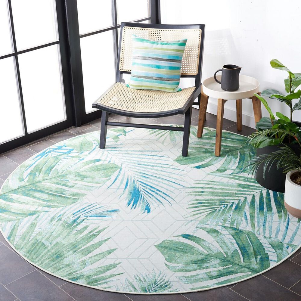 Safavieh Barbados Tropical Botanical BAR592  8&#39; Round Green and Teal Indoor/Outdoor Area Rug, , large