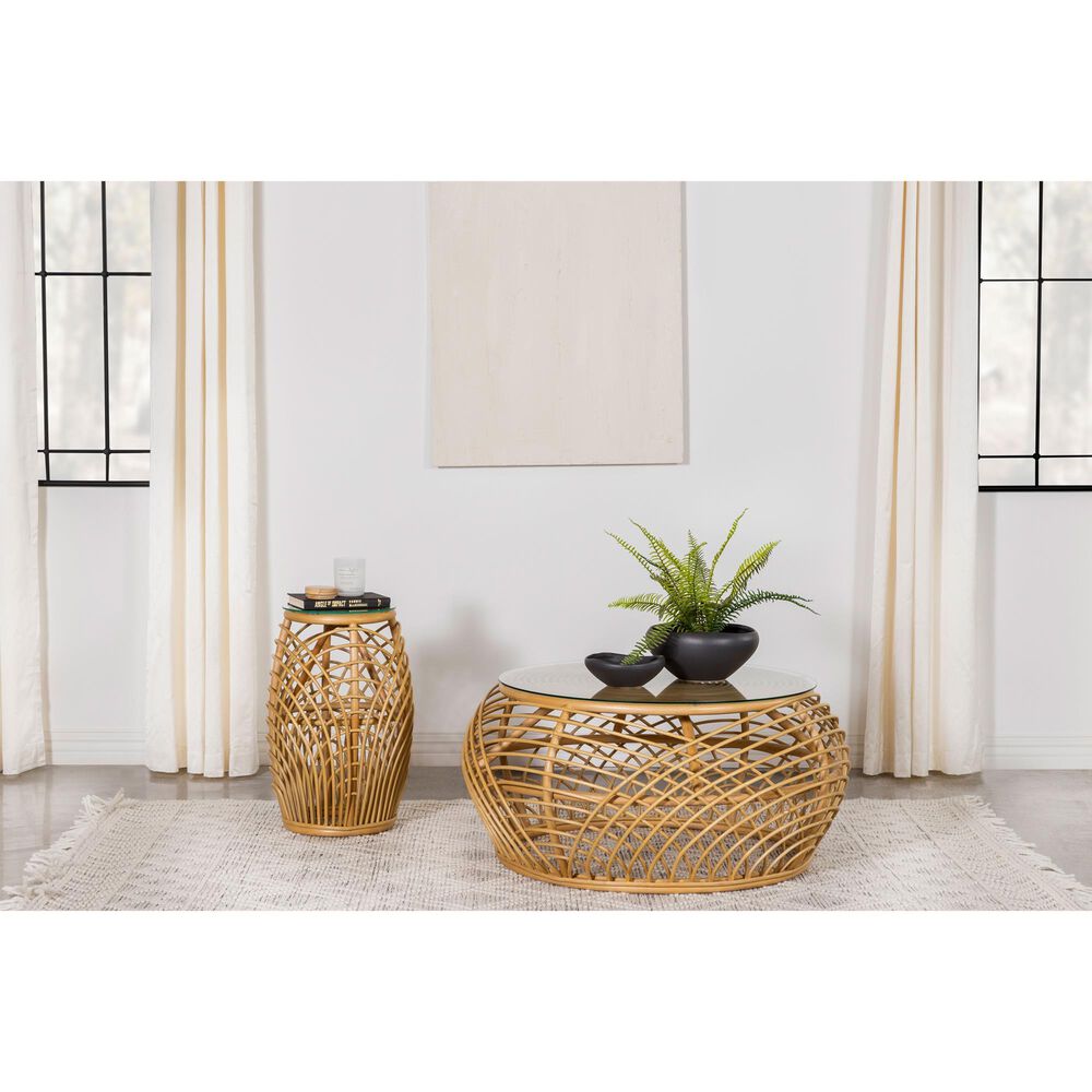 Pacific Landing Dahlia Round End Table in Natural Brown, , large