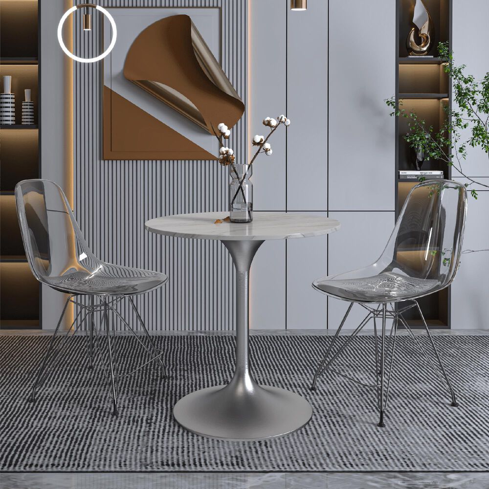 Leisuremod Verve 27&quot; Round Dining Table with Sintered Stone Top in Brushed Chrome and White - Table Only, , large