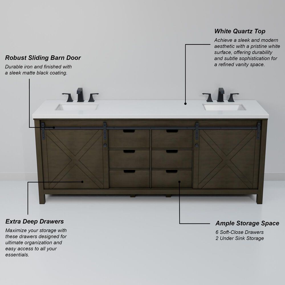 Lexora Home Marsyas 84&quot; Double Bathroom Vanity in Rustic Brown with White Quartz Top and Rectangular Sinks, , large