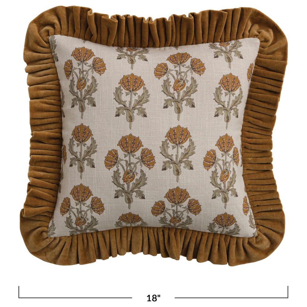 Creative Coop Cozy 18" Square Floral Throw Pillow with Mustard Velvet Ruffle in Multicolor, , large