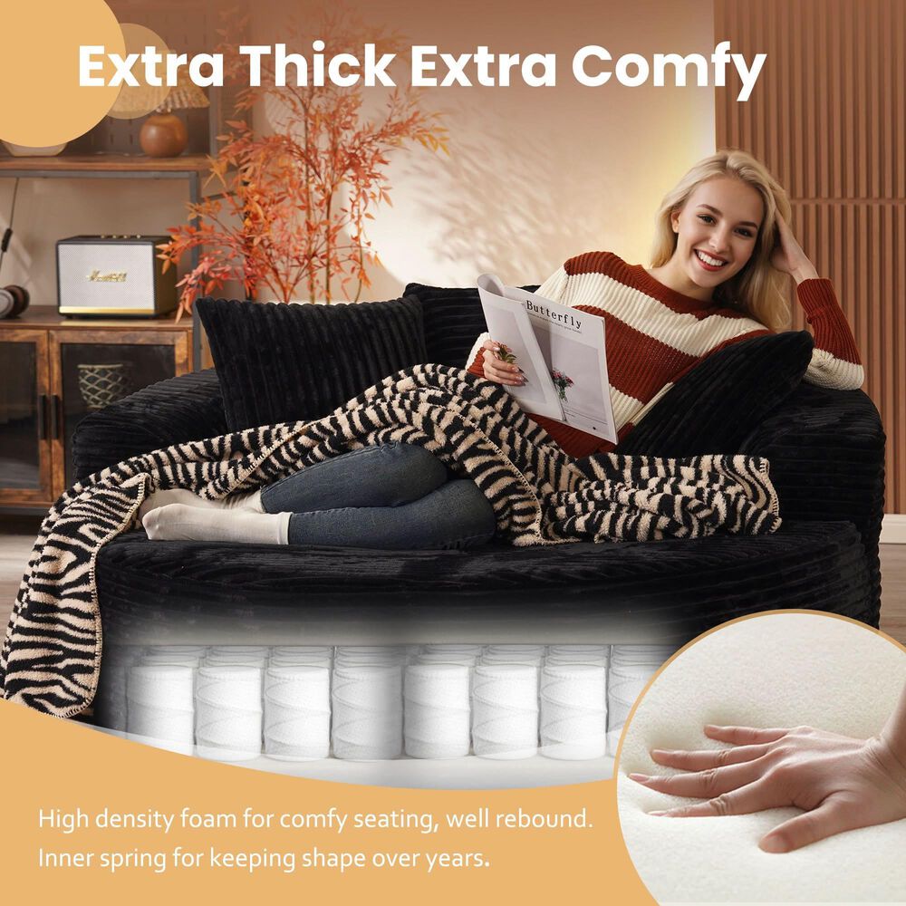 HOMLUX 59" Plush Corduroy Round Chair in Black, , large