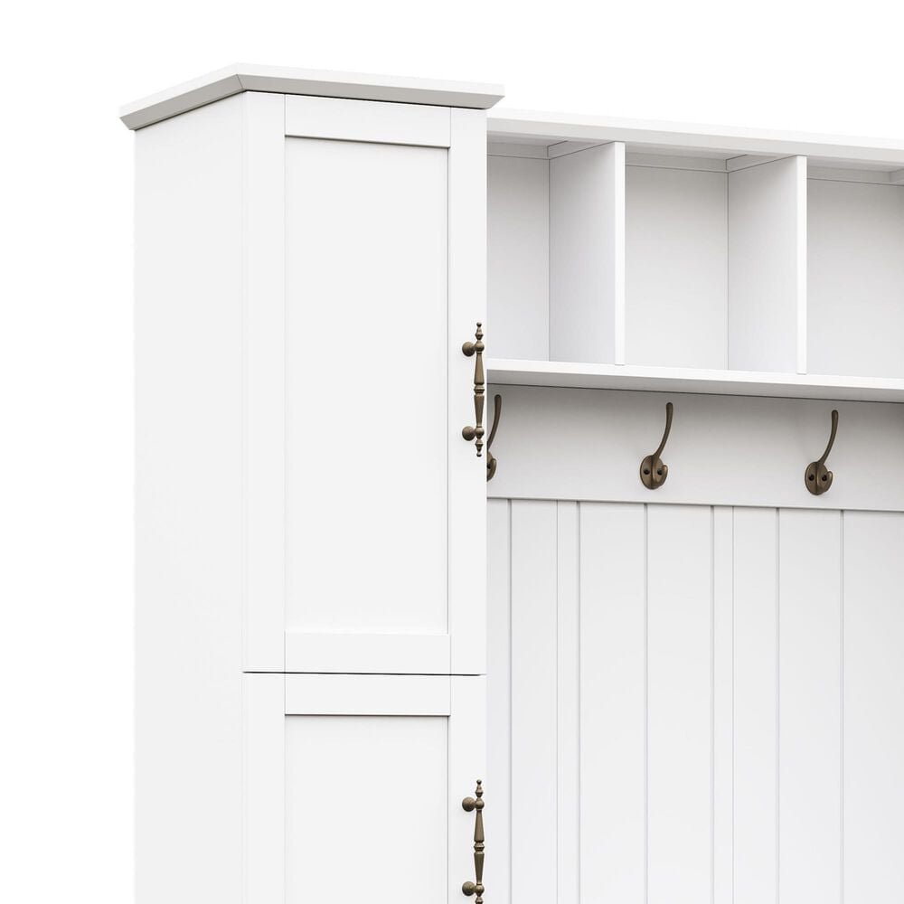 HOMLUX 5-Hook Hall Tree with 4 Side Cabinets and Storage Bench in White, , large