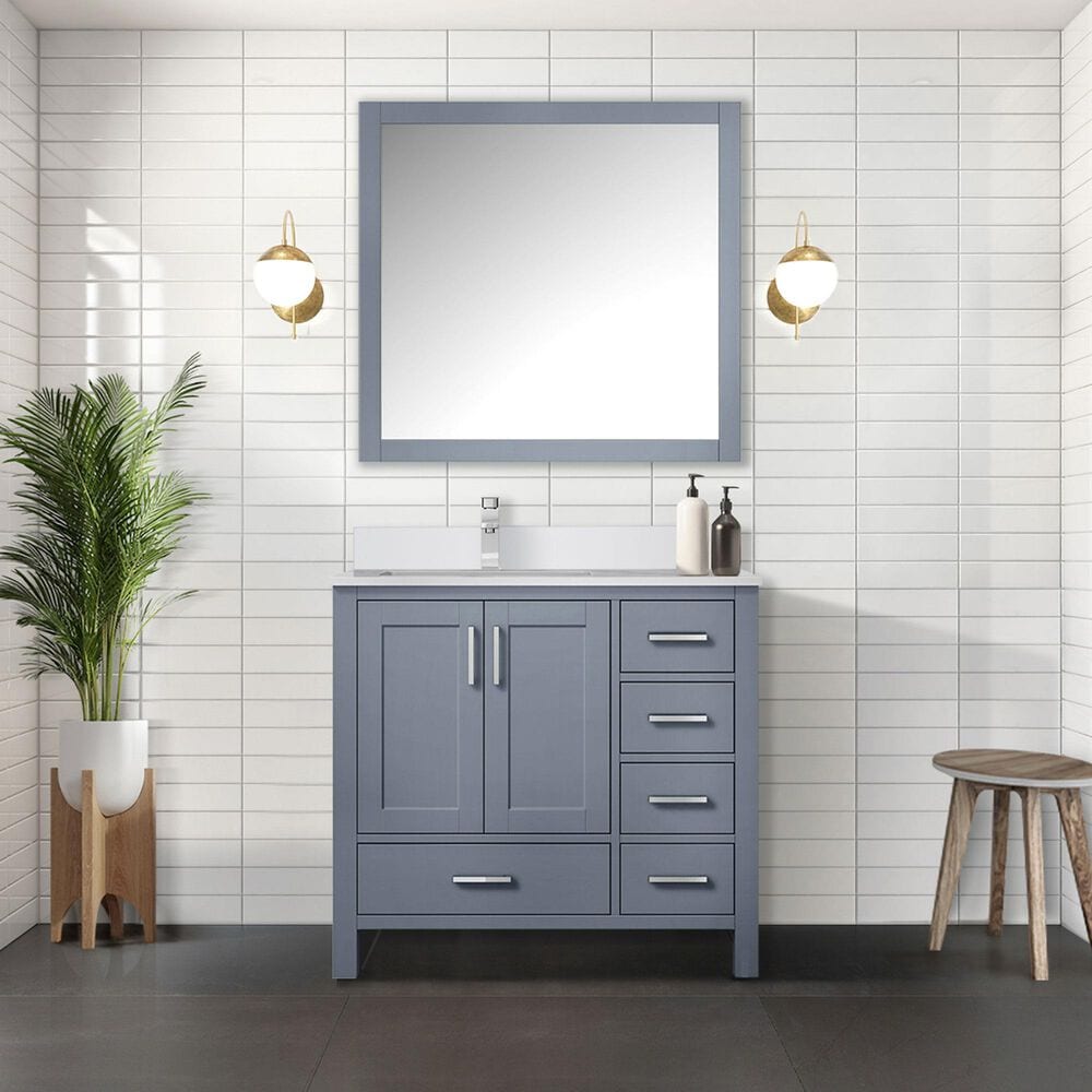 Lexora Home Jacques 36&quot; Left Offset Single Bathroom Vanity in Dark Grey with 2 cm White Quartz Top and Rectangular Sink, , large