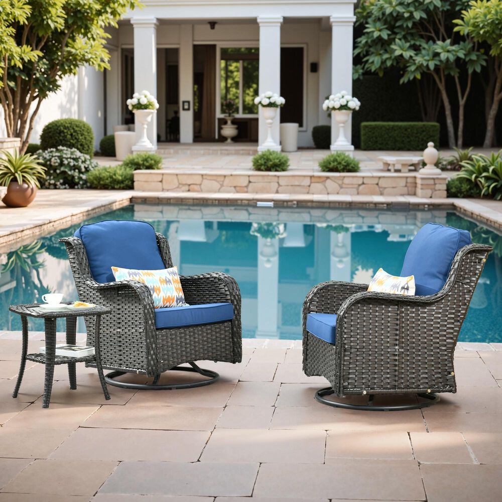 HOMLUX 3-Piece Patio Conversation Set with Swivel Chairs in Navy Blue, , large