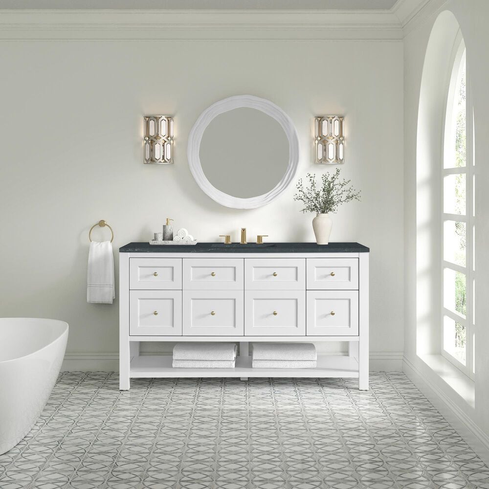 James Martin Vanities Breckenridge 60&quot; Single Bathroom Vanity in Bright White with 3 cm Charcoal Soapstone Quartz Top and Rectangular Sink, , large