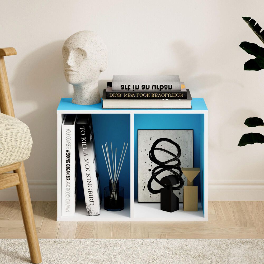 HOMLUX 2-Tier Cube Compact Storage Shelf Organizer Bookcase in Light Blue and White, , large