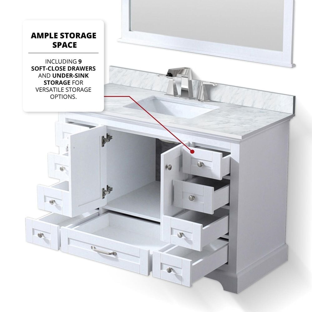 Lexora Home Dukes 48&quot; Single Bathroom Vanity in White with 2 cm White Carrara Marble Top and Rectangular Sink, , large