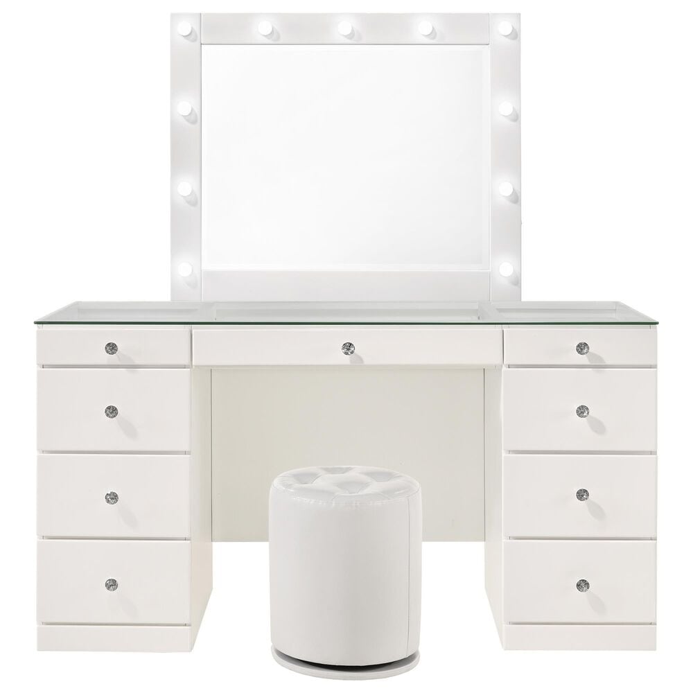 Crown Mark Avery Vanity Set with Stool in White, , large