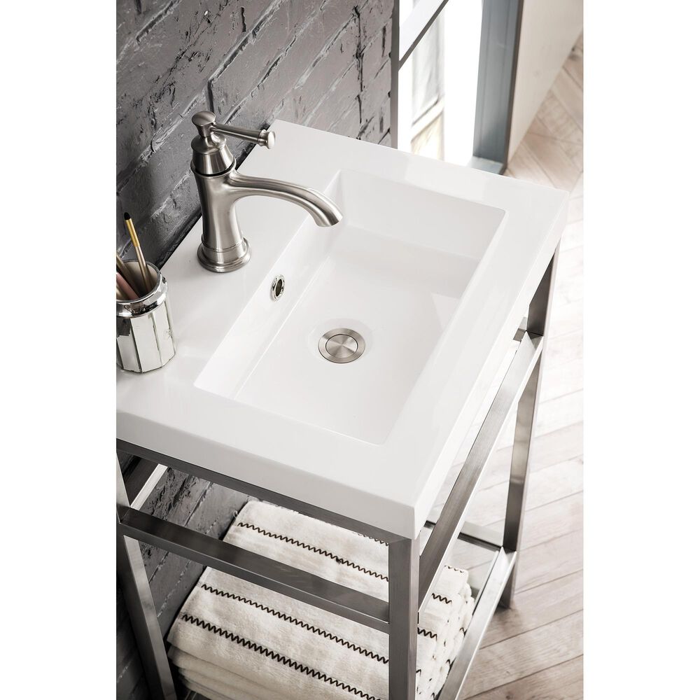 James Martin Vanities Boston 20&quot; Single Bathroom Vanity in Brushed Nickel with 3 cm White Glossy Resin Countertop and Rectangular Sink, , large