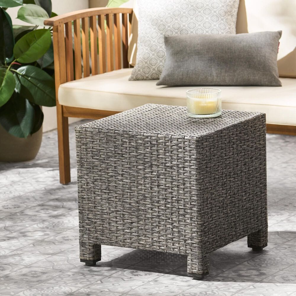 Hearth and Haven Puerta Outdoor Cube Wicker Side Table with Iron Frame in Black, , large