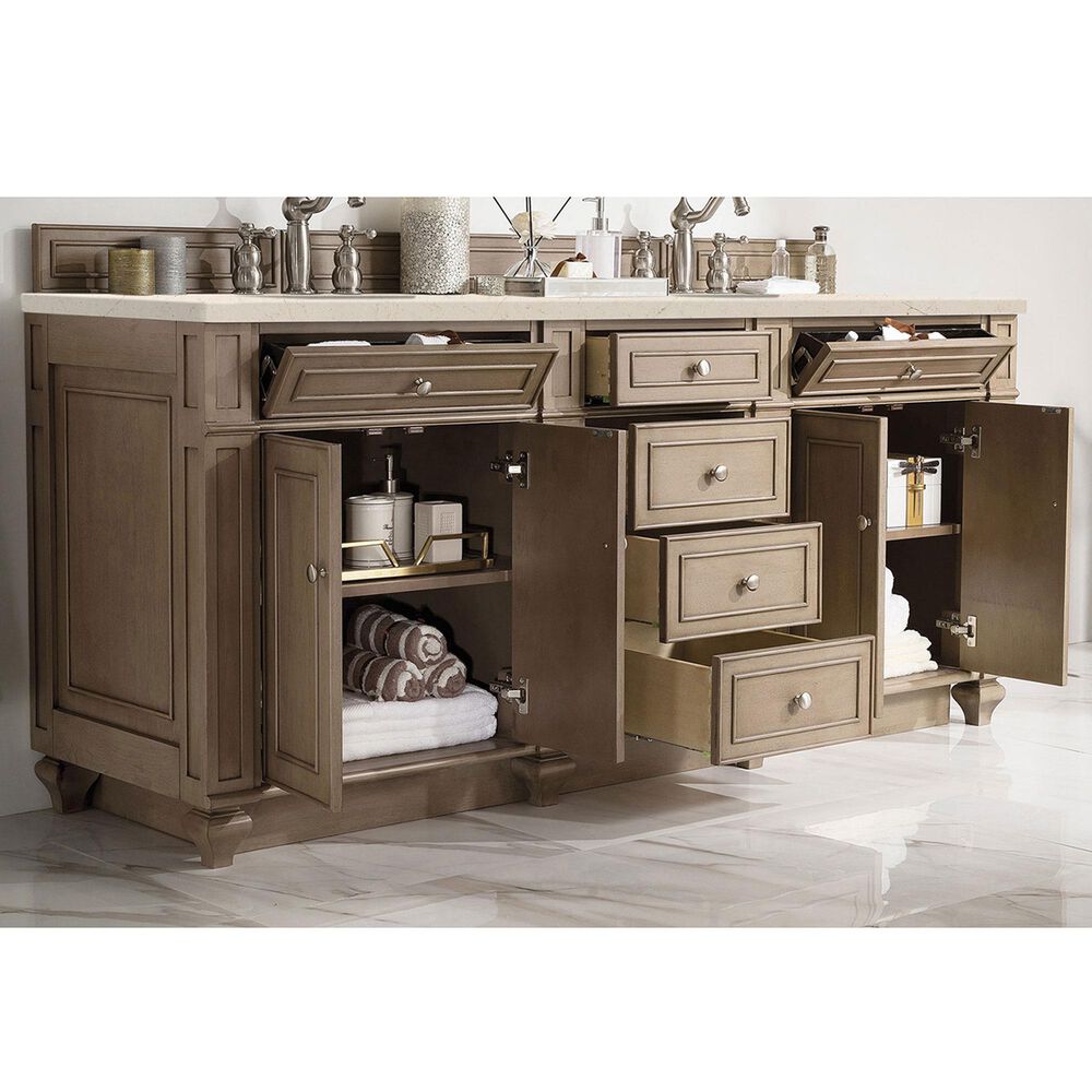 James Martin Vanities Bristol 72&quot; Double Bathroom Vanity in Whitewashed Walnut with 3 cm Eternal Marfil Quartz Top and Rectangular Sinks, , large