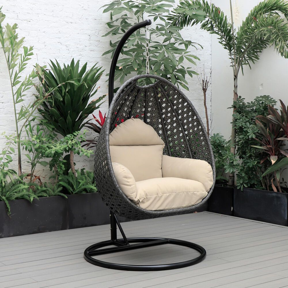 Leisuremod 41&quot; Patio Hanging Egg Swing Chair with Taupe Cushion in Charcoal, , large