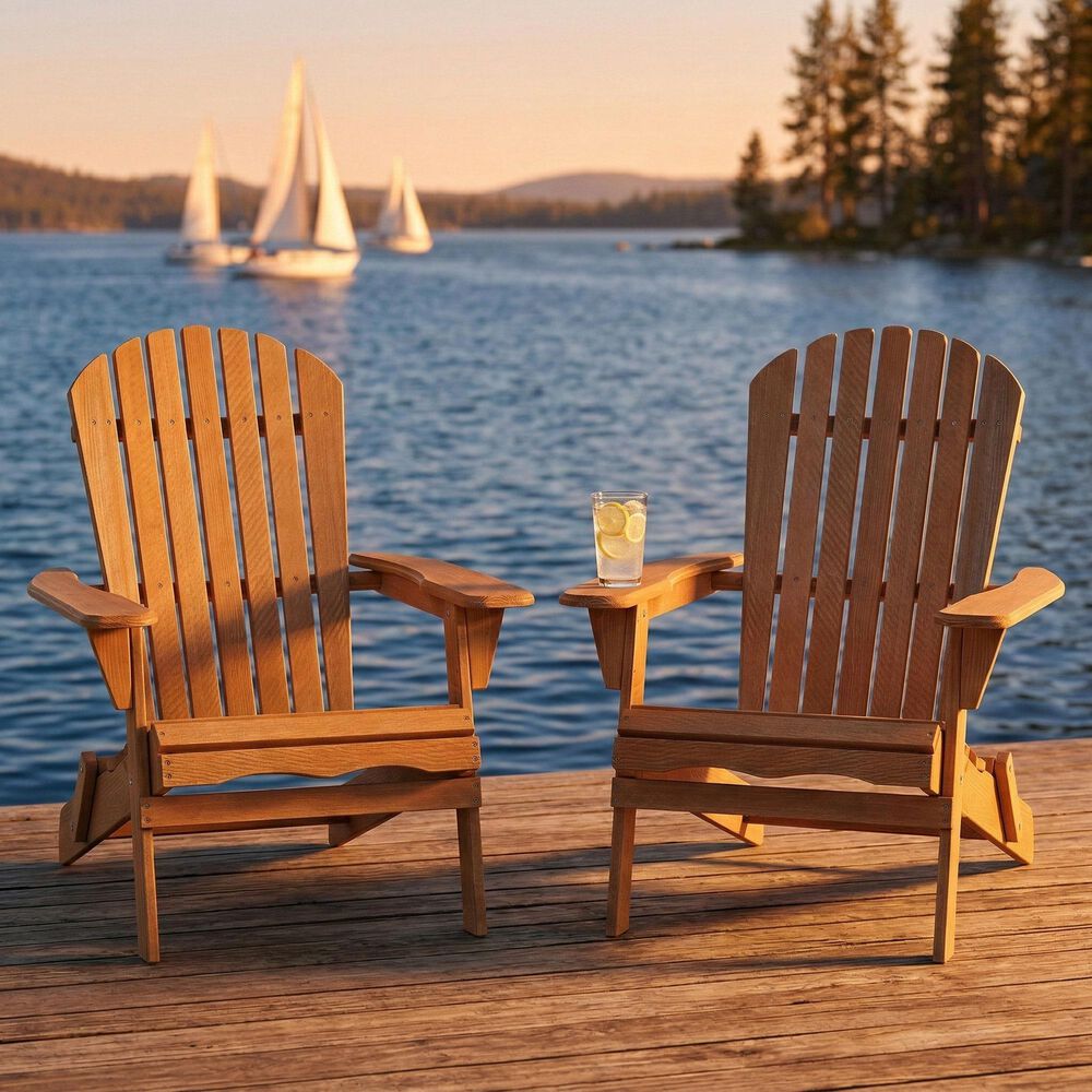 Hearth and Haven Outdoor Folding Adirondack Chair in Light Brown (Set of 2), , large