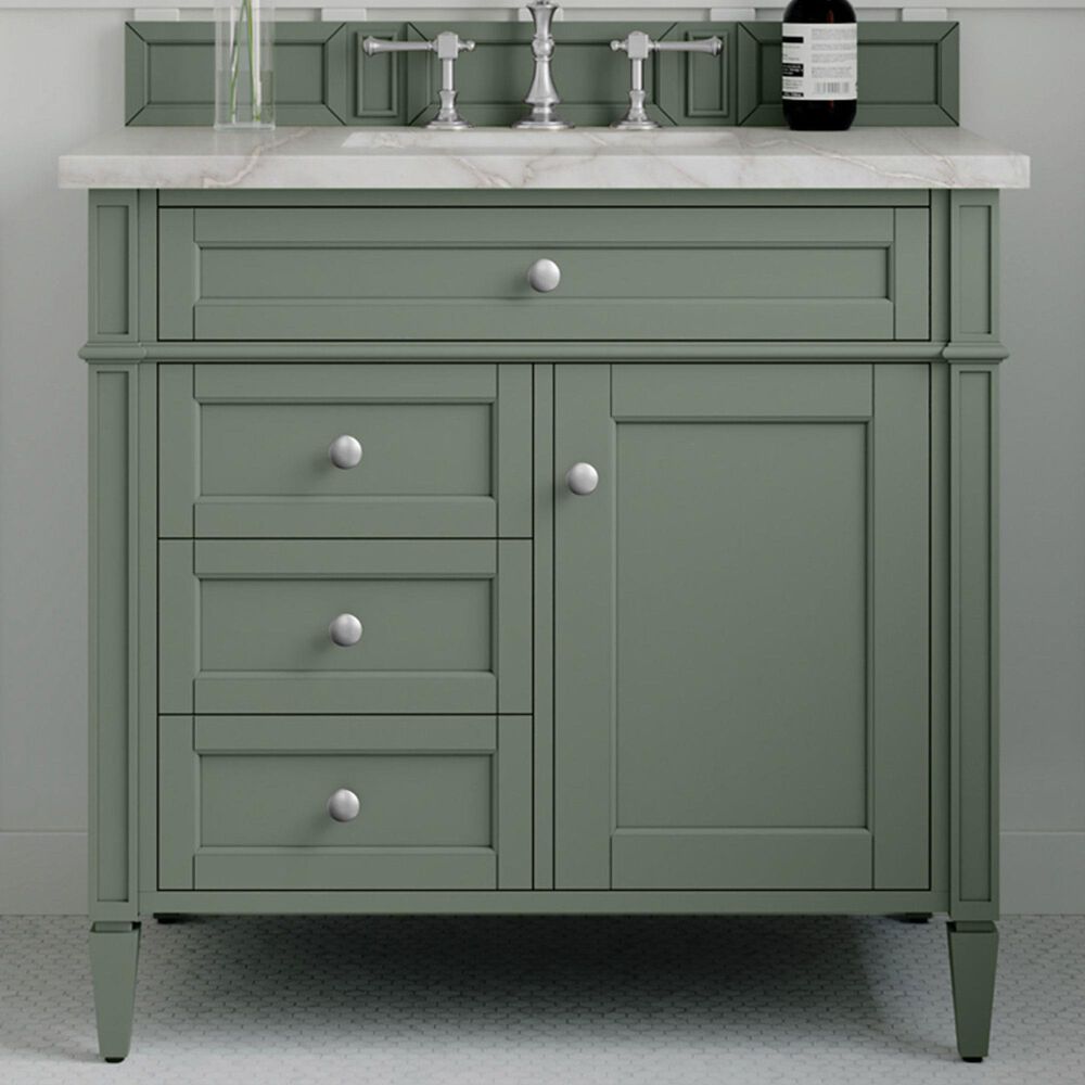 James Martin Vanities Brittany 36" Single Bathroom Vanity in Smokey Celadon with 3 cm Victorian Silver Quartz Top and Rectangular Sink, , large